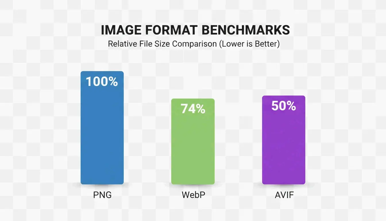 Bar chart comparing file size savings across PNG, WebP, and AVIF
