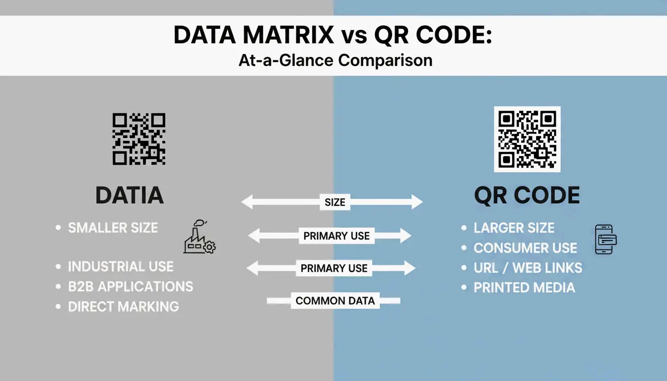A side-by-side scale comparison between a Data Matrix and a QR Code containing the same data.