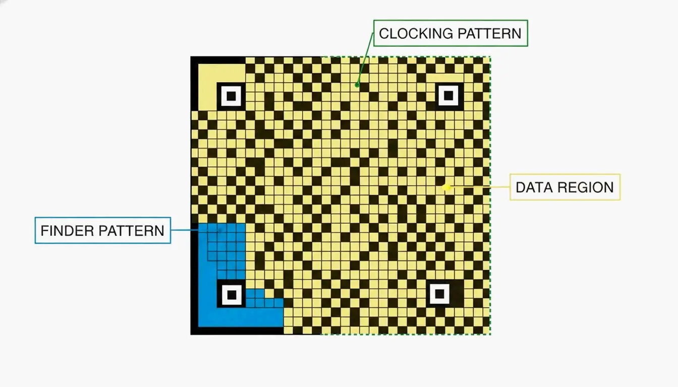 A minimalist diagram identifying the three structural components of a Data Matrix code.