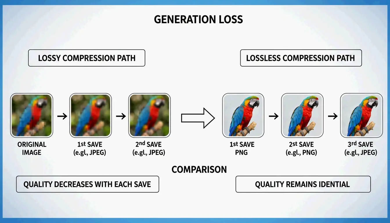 Comparison of Lossy (data loss) vs. Lossless (data preservation) after multiple saves