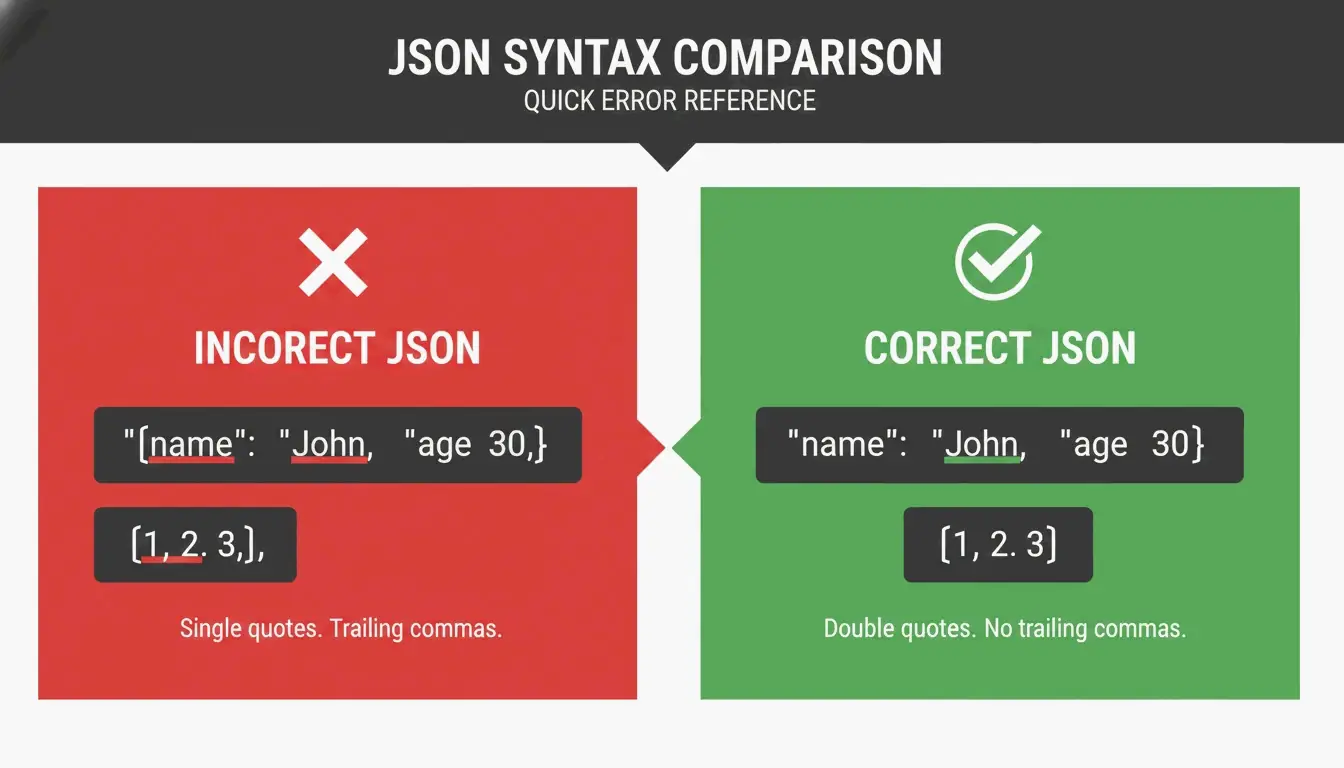 مقارنة بسيطة بين الصواب والخطأ في قواعد صياغة JSON.
