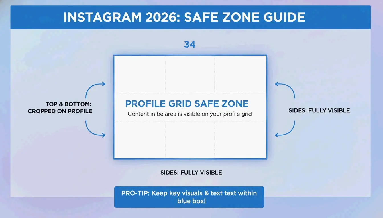 دليل مرئي لمنطقة Instagram الآمنة لعام 2026 ومعاينة شبكة الملف الشخصي 3:4