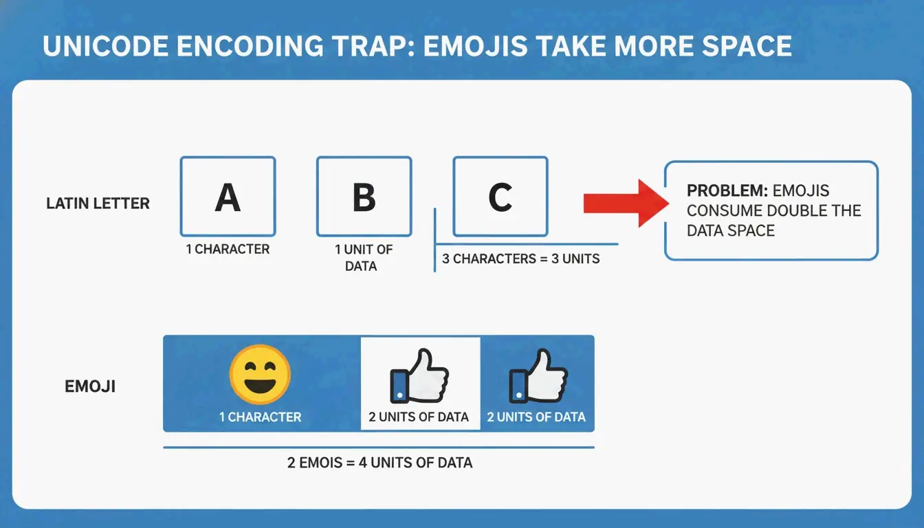 A simple comparison showing how an emoji consumes more space than a standard letter.