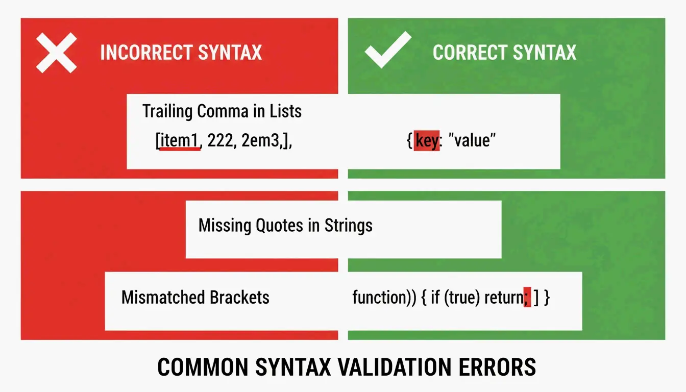 Side-by-side comparison of Invalid vs Valid JSON syntax