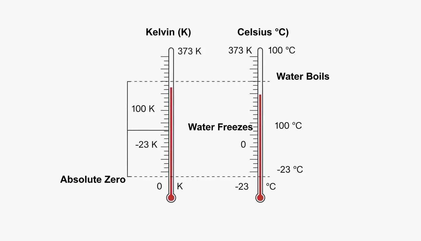 A minimalist dual-thermometer comparison showing key alignment points (Absolute Zero, Water Freezes, Water Boils).