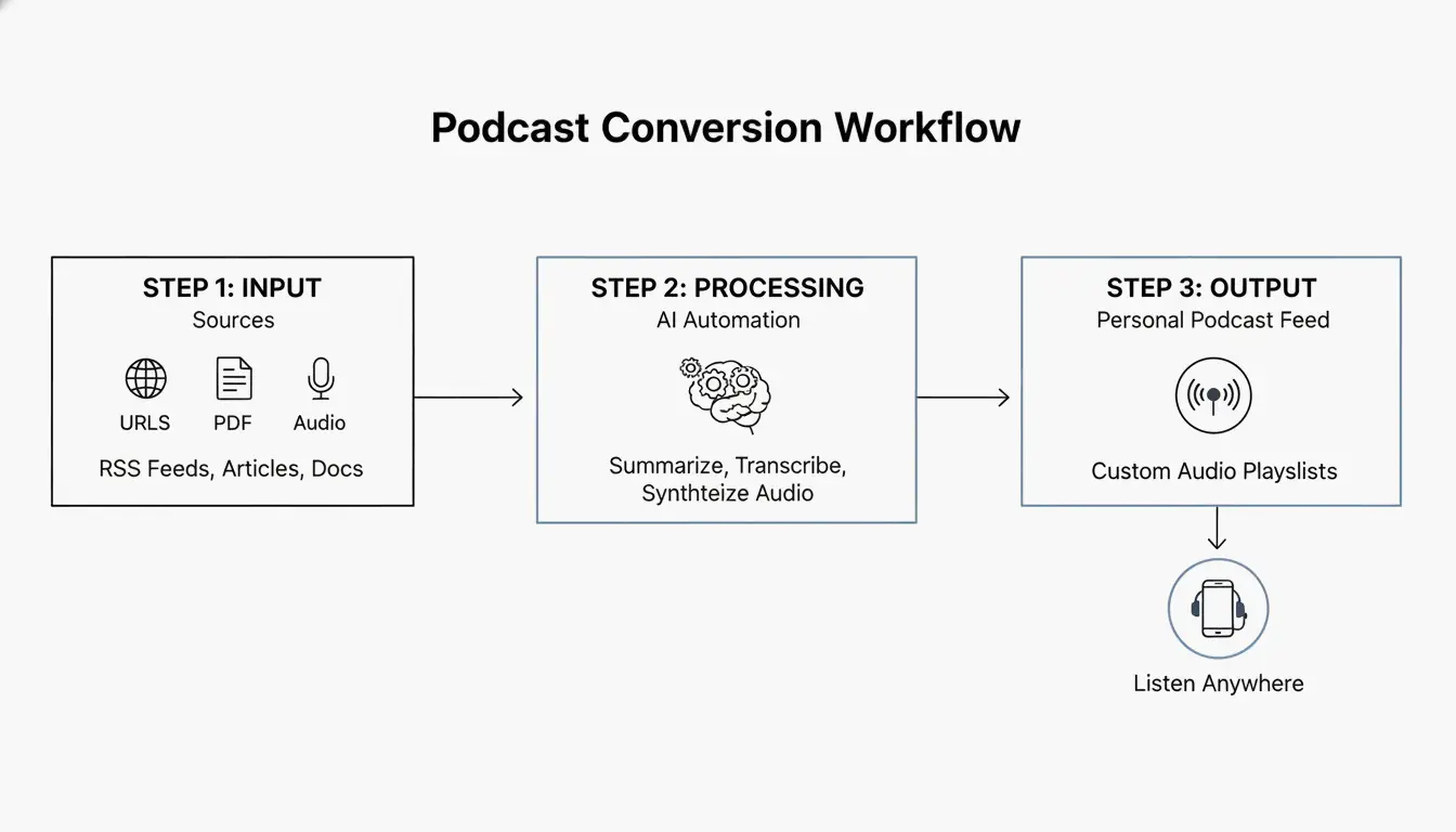 A 3-step workflow: Content Collection -> AI Processing/Summarization -> Audio Stream.