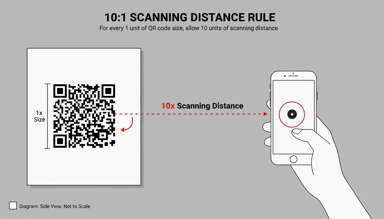 Visualization of the 10:1 ratio between scanning distance and QR code size