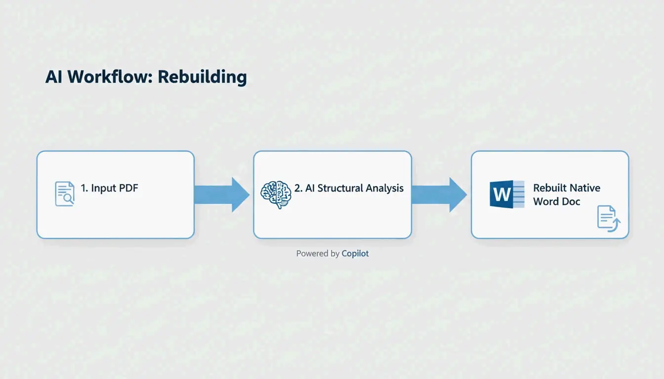 A simple 3-step process: Upload PDF -> AI Context Analysis -> Rebuilt Word Doc.