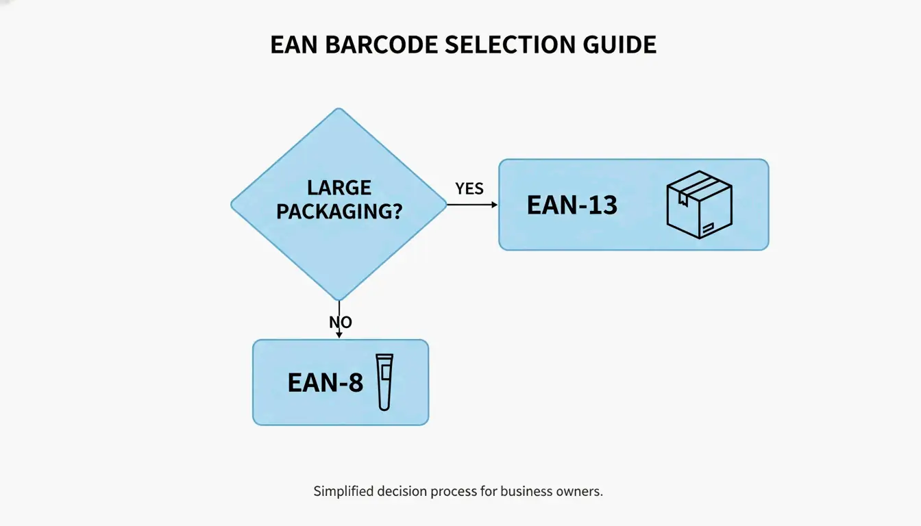 A simple 2-step decision tree: Is packaging small? No -> EAN-13; Yes -> EAN-8.