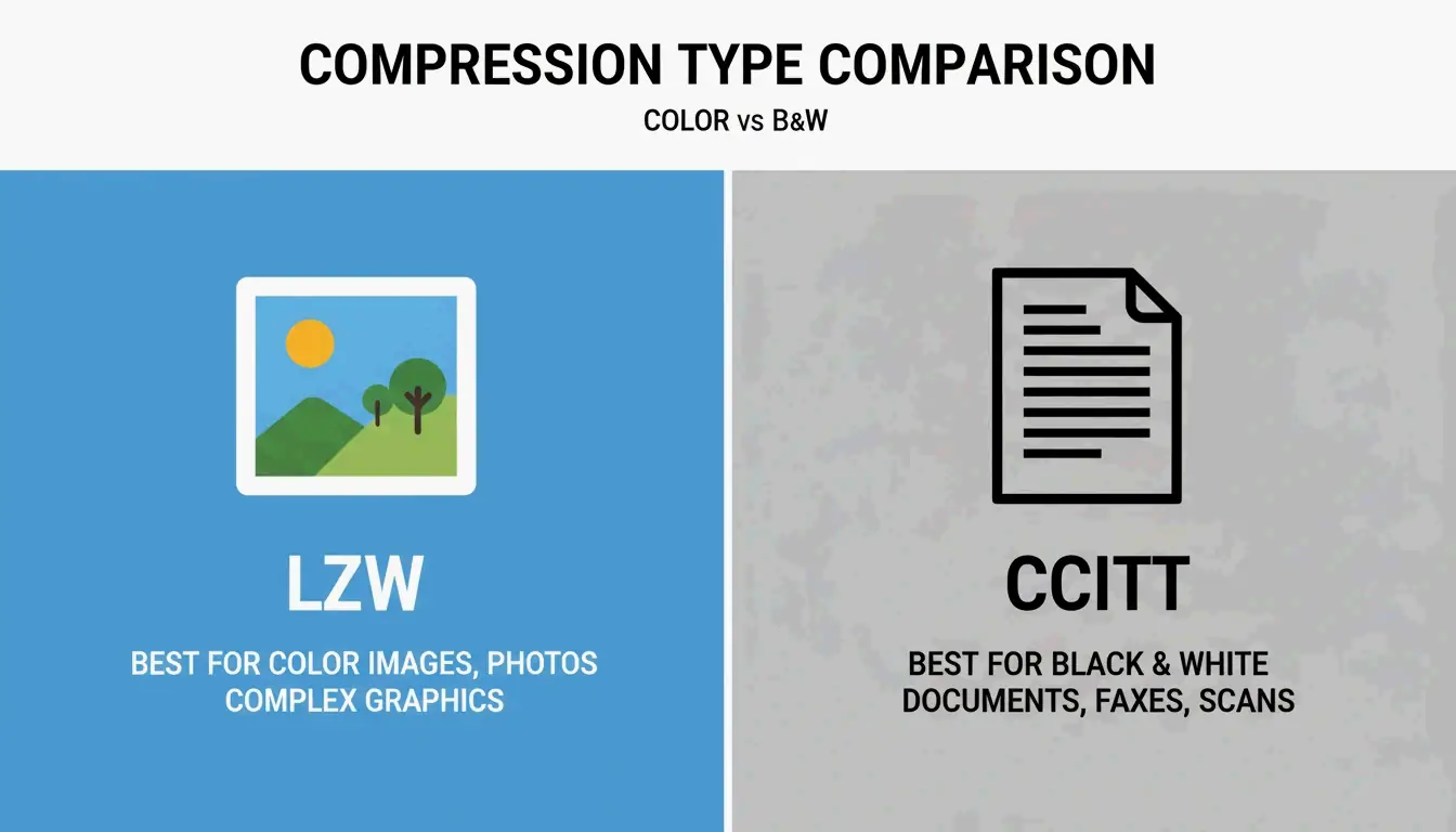 مقارنة جنباً إلى جنب: LZW (ملون) مقابل CCITT (أبيض وأسود)
