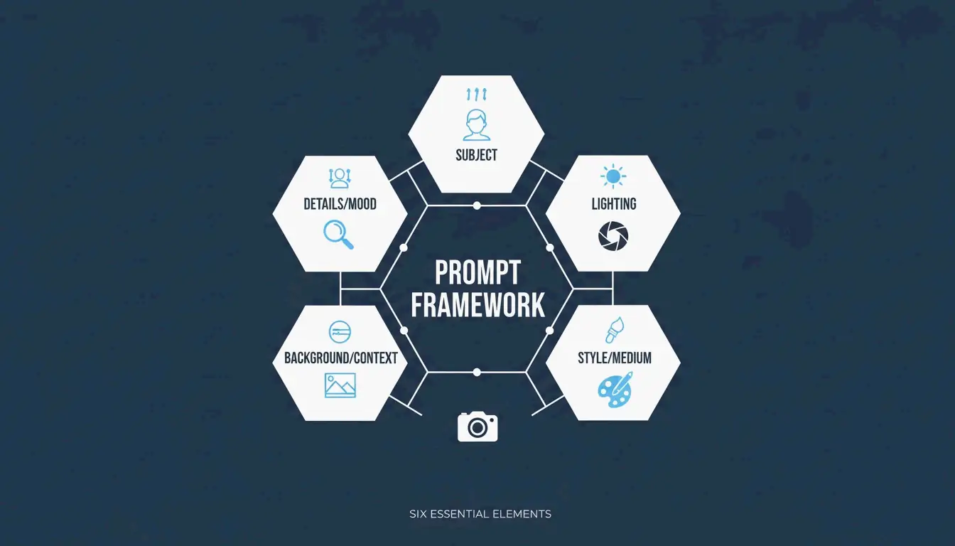 A clean, minimalist diagram showing the 6 interconnected elements of the prompt framework.