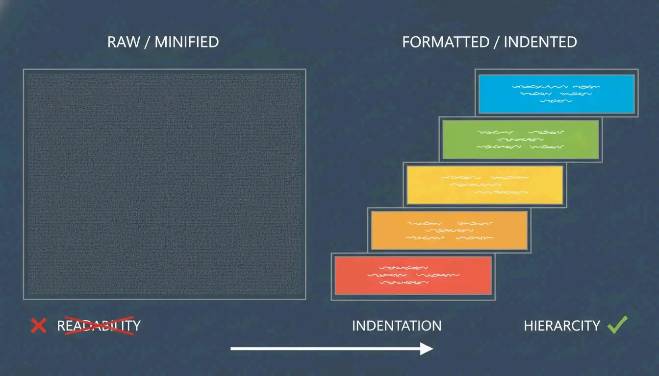 Visual comparison of minified text vs. indented hierarchical structure