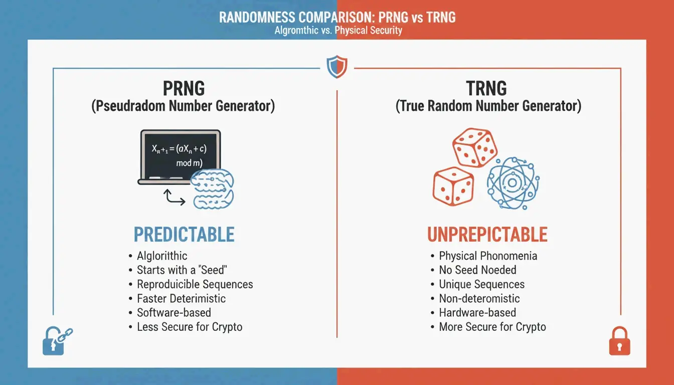 A clean comparison between PRNG (Deterministic/Fast) and TRNG (Non-deterministic/Secure).