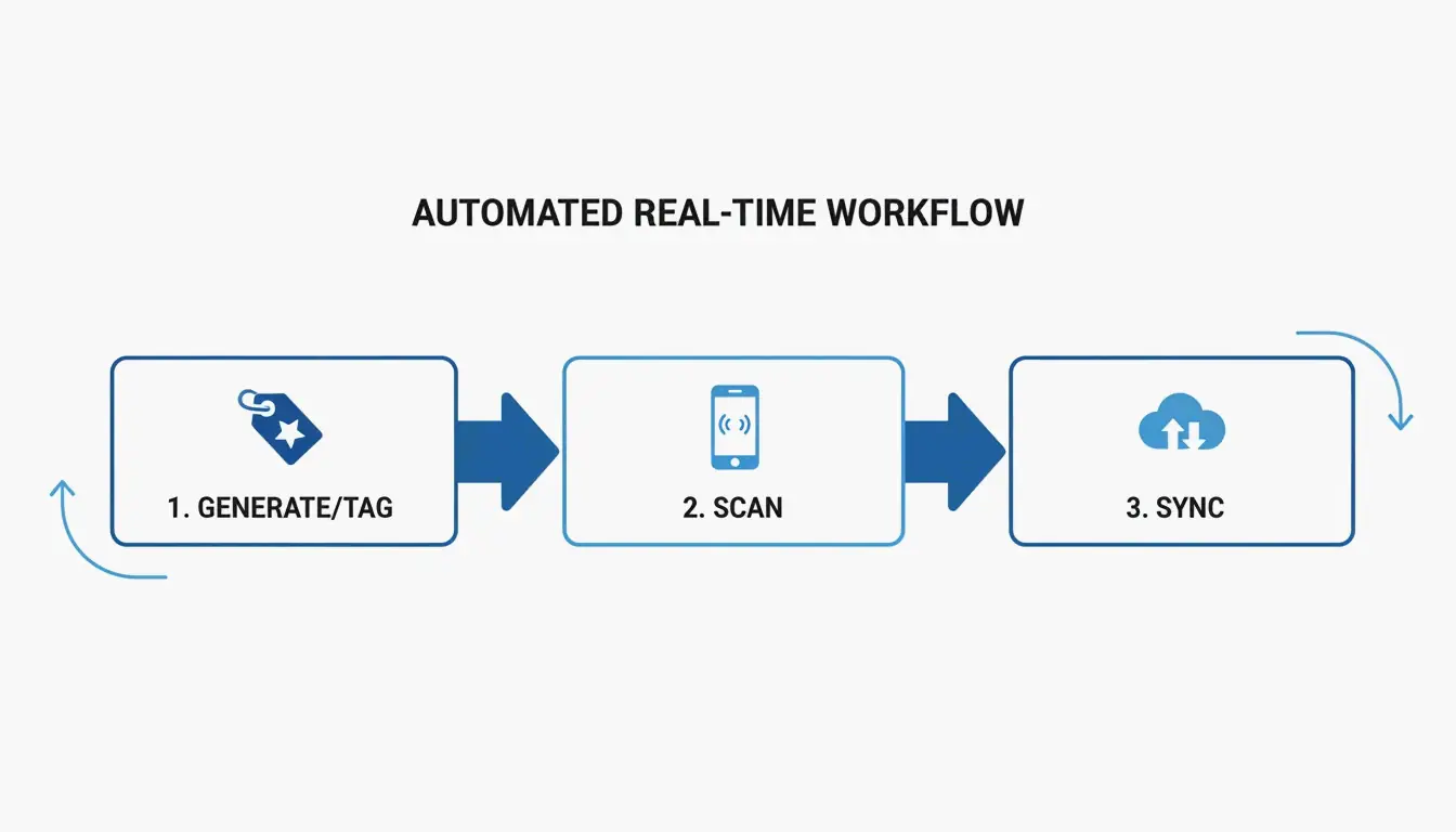 A simple 3-step workflow: Tag Asset -> Scan with Phone -> Real-time Update.