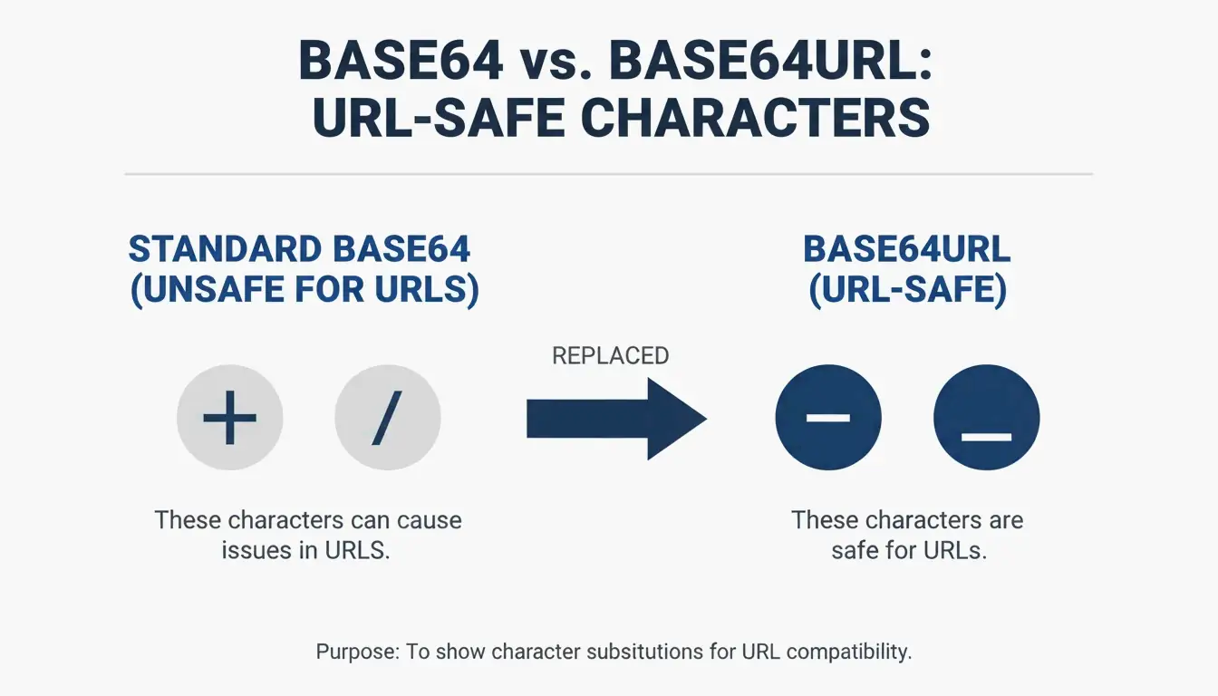 A simple side-by-side comparison of Standard Base64 vs Base64URL unsafe characters.