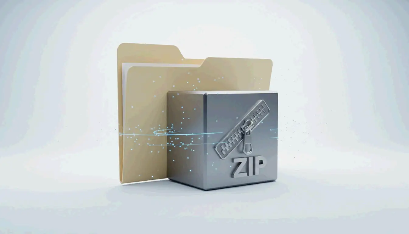A clean, modern conceptual visual of files being compressed into a sleek ZIP icon