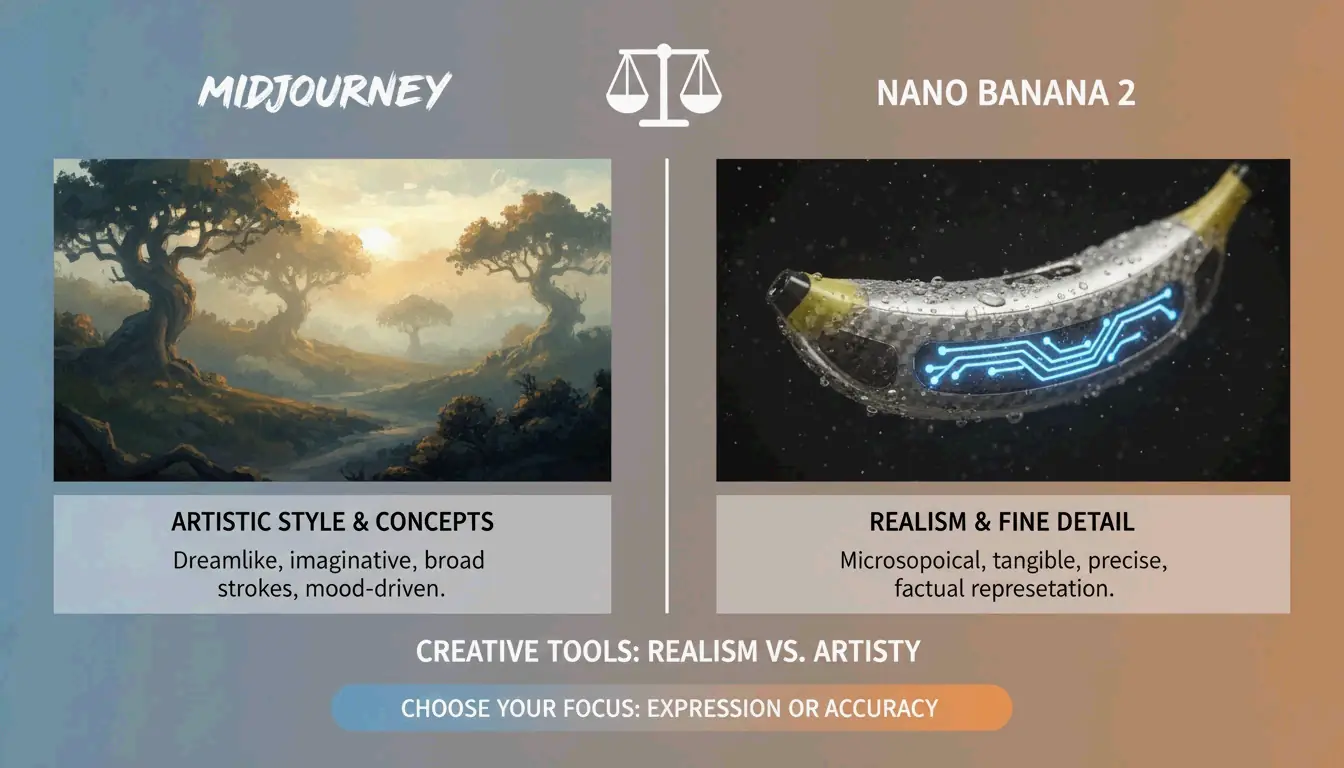 A high-contrast comparison between 'Artistic Mood' (Midjourney) and 'Photorealistic Truth' (Nano Banana 2).