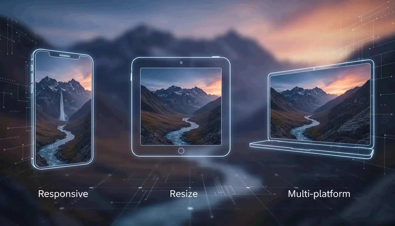 A clean, modern visual of an image being scaled perfectly for different devices