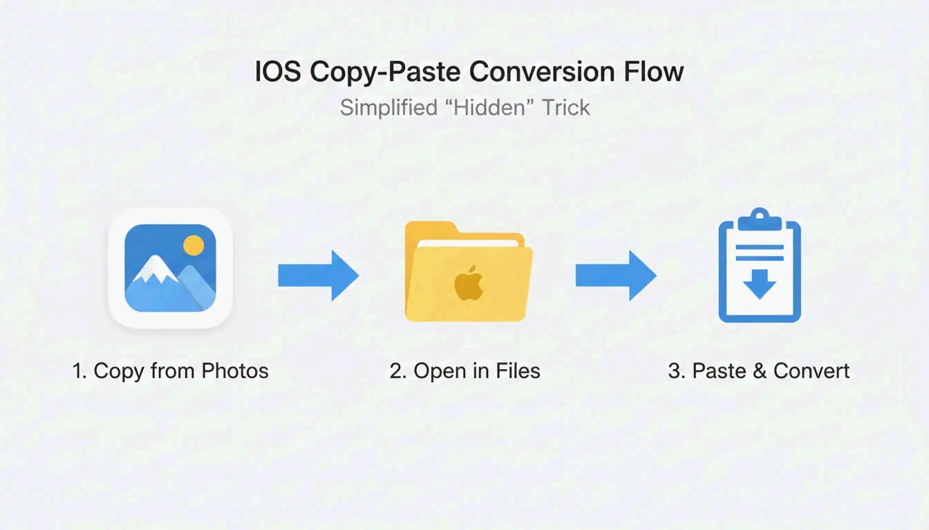 Simple 3-step process: Select/Copy Photos -> Open Files App -> Paste to Convert