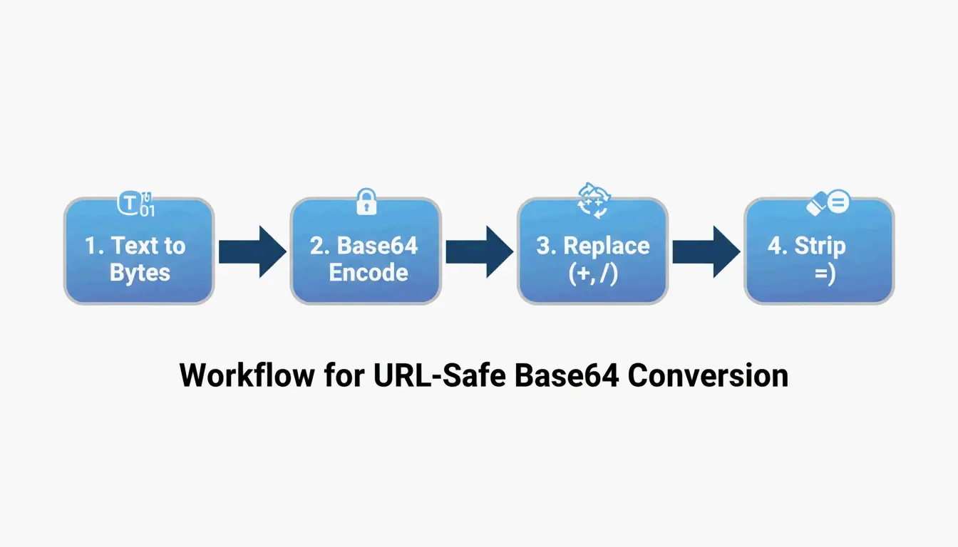The 4-step conversion pipe: Text -> Bytes -> Base64 -> Base64URL.
