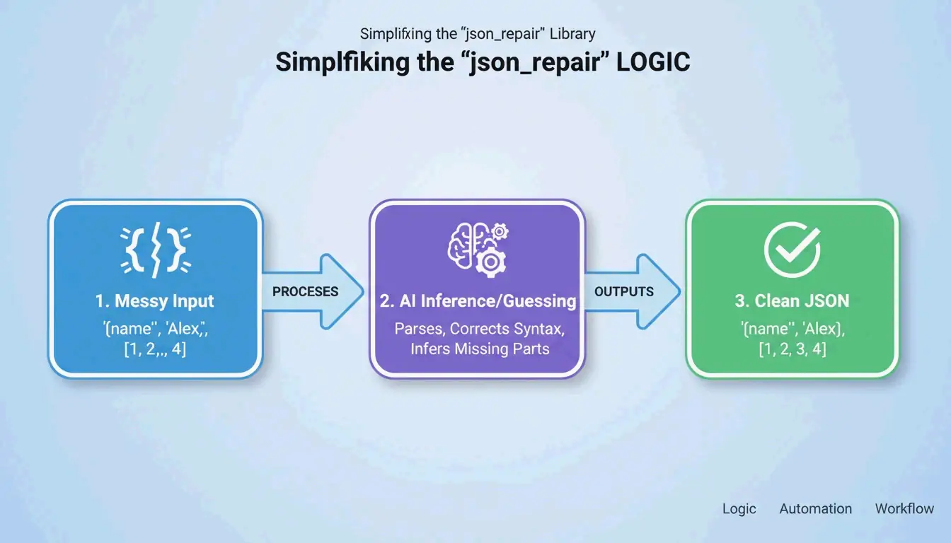 Simple 3-step process of json_repair: Input (Broken) -> Guess Intent -> Output (Valid)