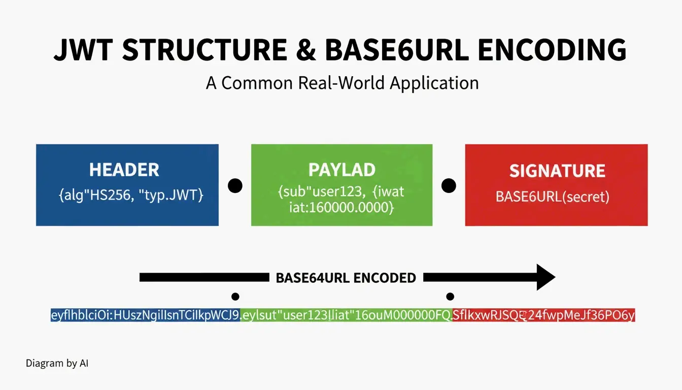 A simple visualization of a JWT structure showing its 3 Base64URL parts.
