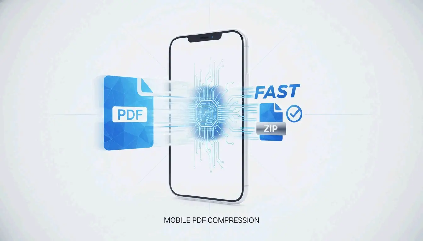 A minimalist visual showing a bulky PDF file being slimmed down on an iPhone screen.
