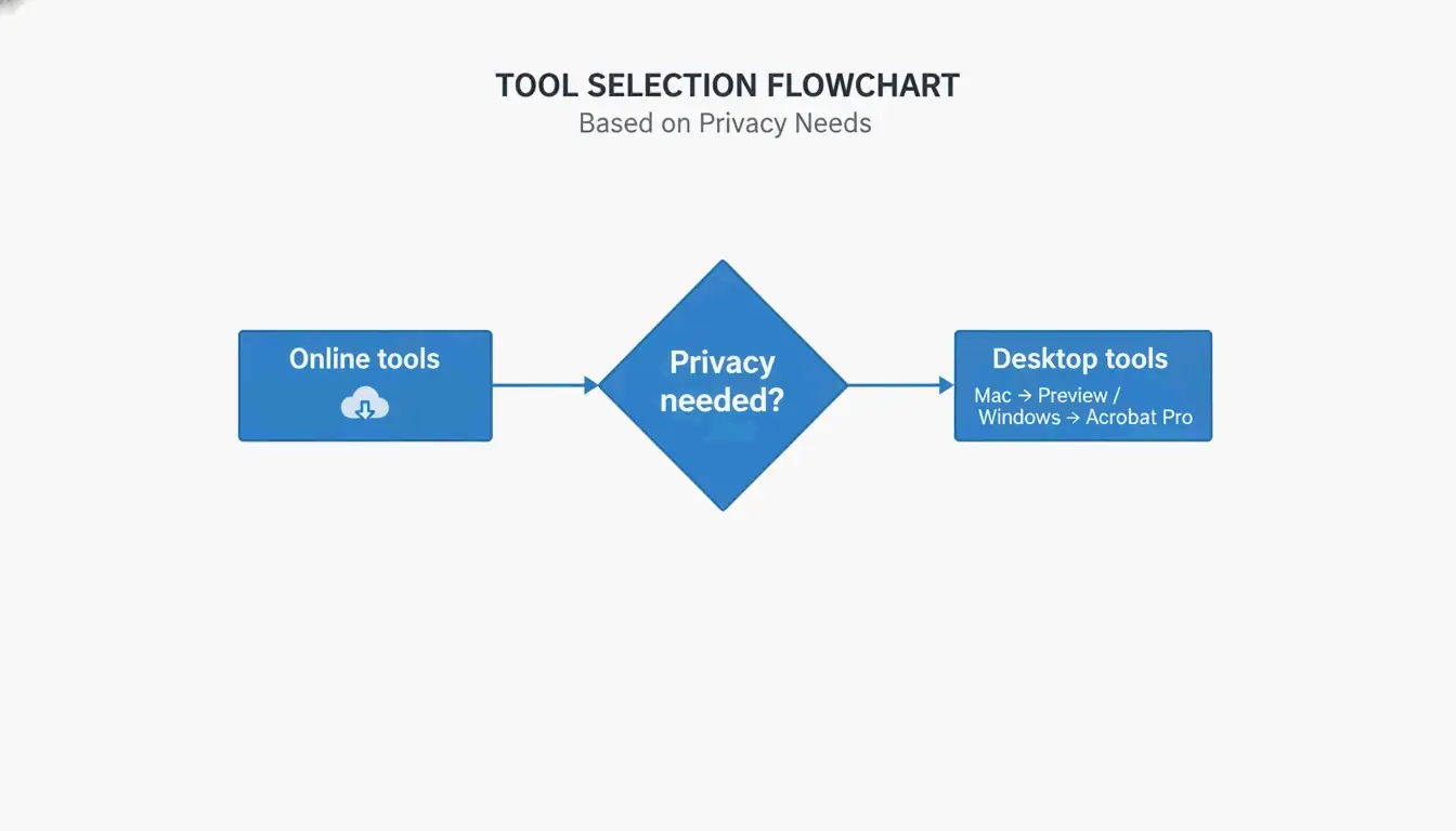 Simplified decision flowchart: diamond node "Privacy needed?", two branches "Online tools" and "Desktop tools (Mac: Preview, Windows: Acrobat Pro)"
