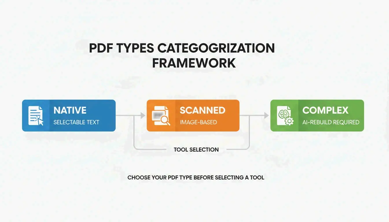 A simple 3-node diagram showing the three types of PDFs: Native, Scanned, and AI-Rebuilt.