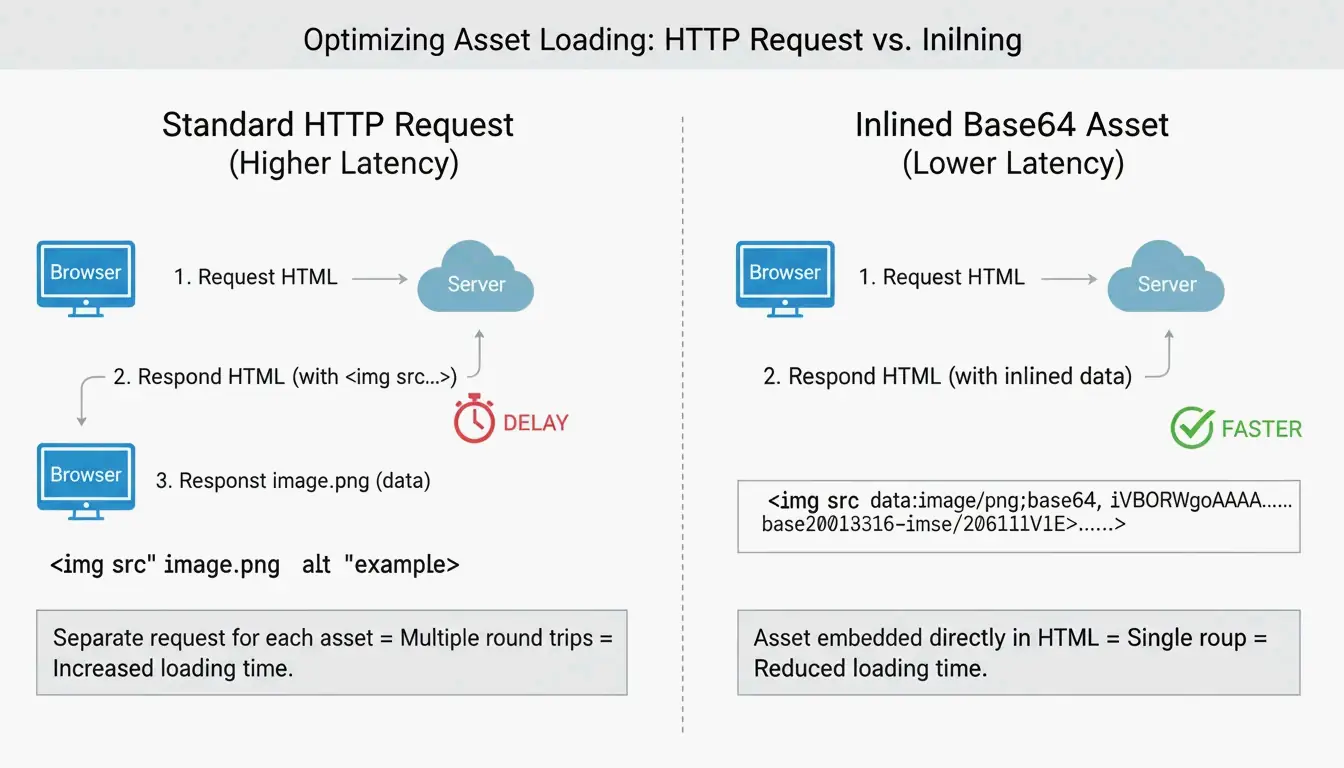 Comparison of traditional HTTP request vs. Base64 inlining