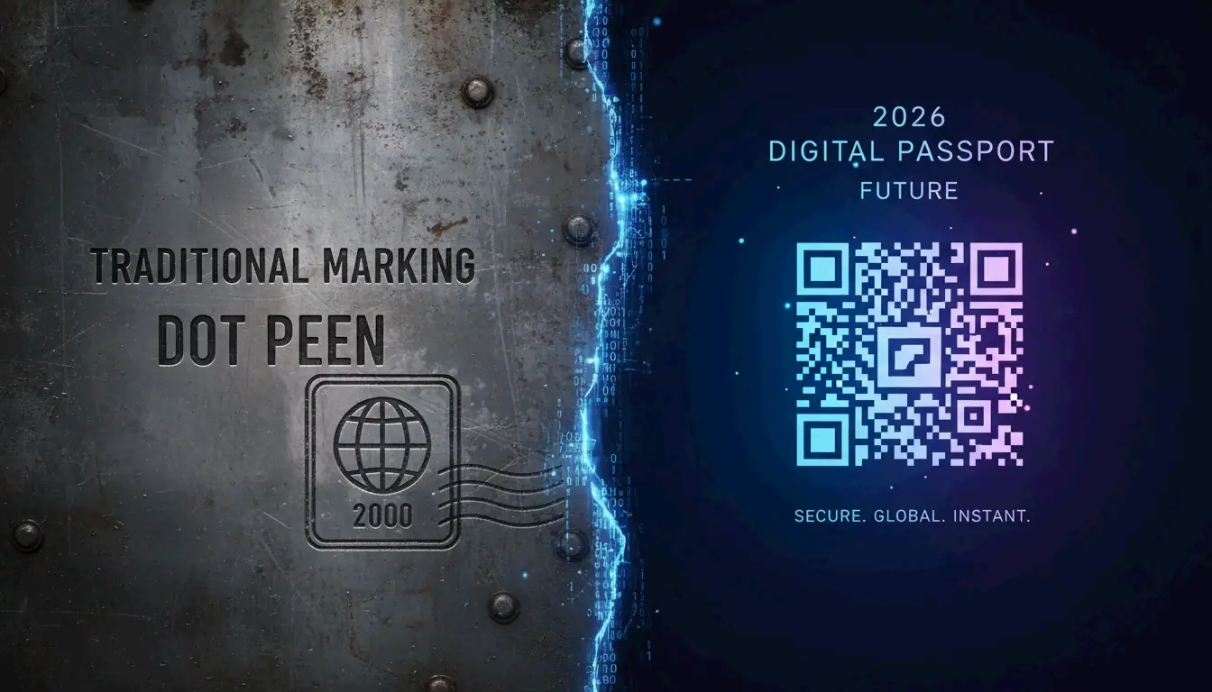 Visual contrast between industrial dot peen marking and digital QR code passports.