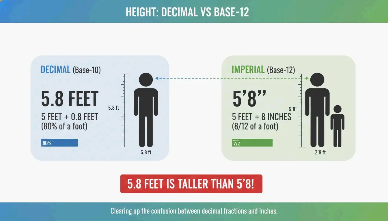 Comparison showing why 5.8 feet is not 5'8"