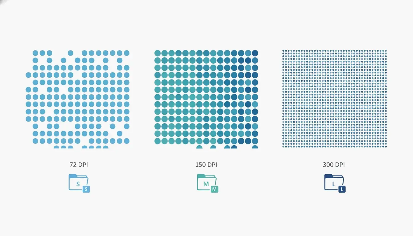 Relationship between DPI and file size: three pixel density grids (72/150/300 DPI) with file size indicators (small/medium/large)