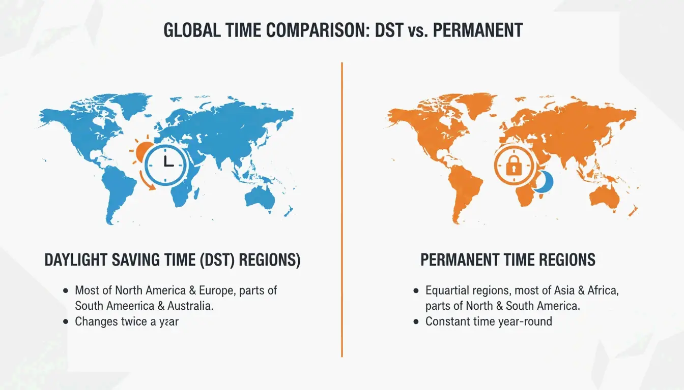 Visual contrast between DST-observing regions and Permanent Time regions.