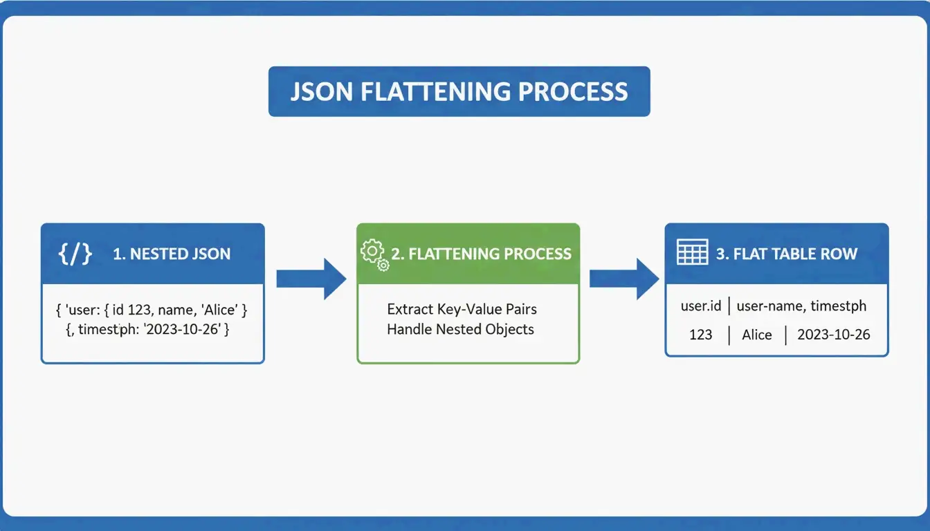 3-step visualization of flattening nested JSON into a flat table row