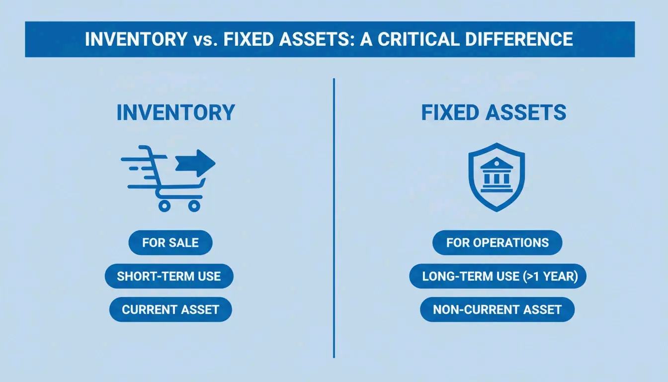 A clean side-by-side comparison of 'Inventory' (Fast/Sold) vs 'Fixed Assets' (Stay/Depreciate).