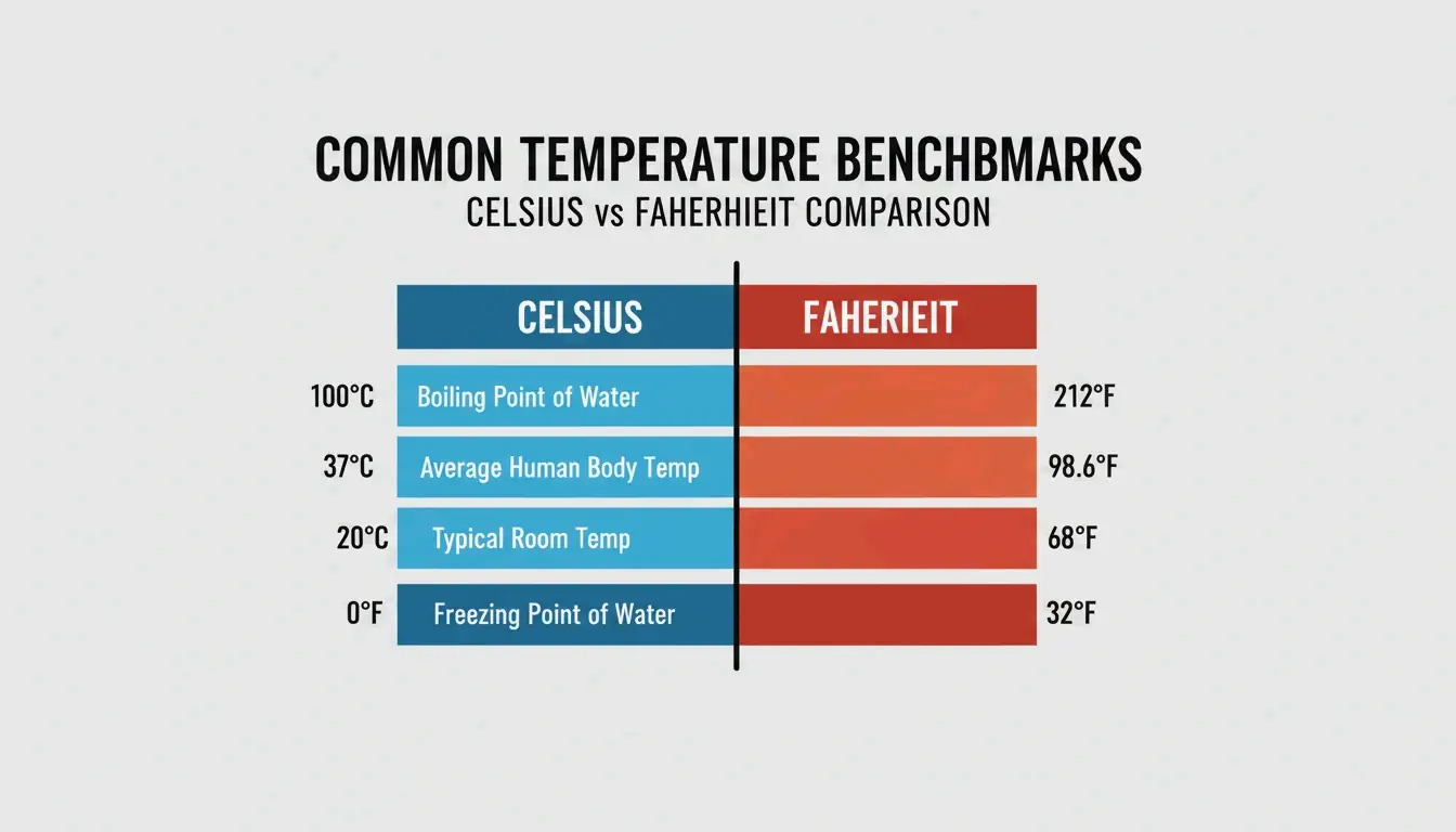 A clean comparison bar showing key temperature benchmarks in both Celsius and Fahrenheit.