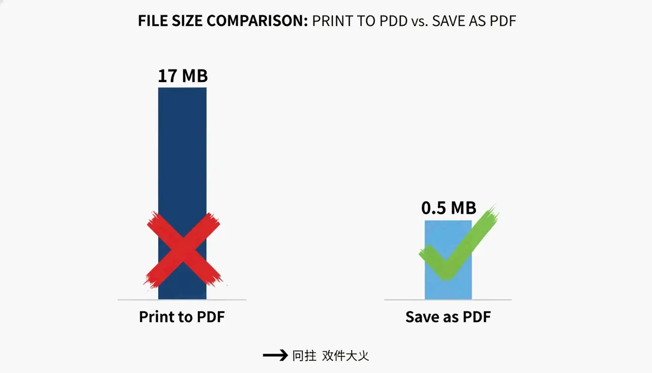 Comparison bar chart of Print to PDF (17 MB) vs Save as PDF (0.5 MB), minimal labels