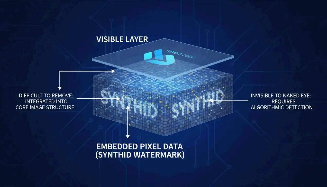 رسم تخيلي يوضّح طبقات الفرق بين العلامة المائية المرئية وعلامة SynthID على مستوى البكسل
