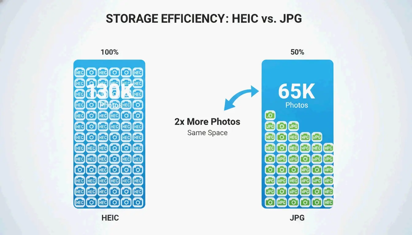 Comparison of storage capacity: HEIC vs. JPG on the same device