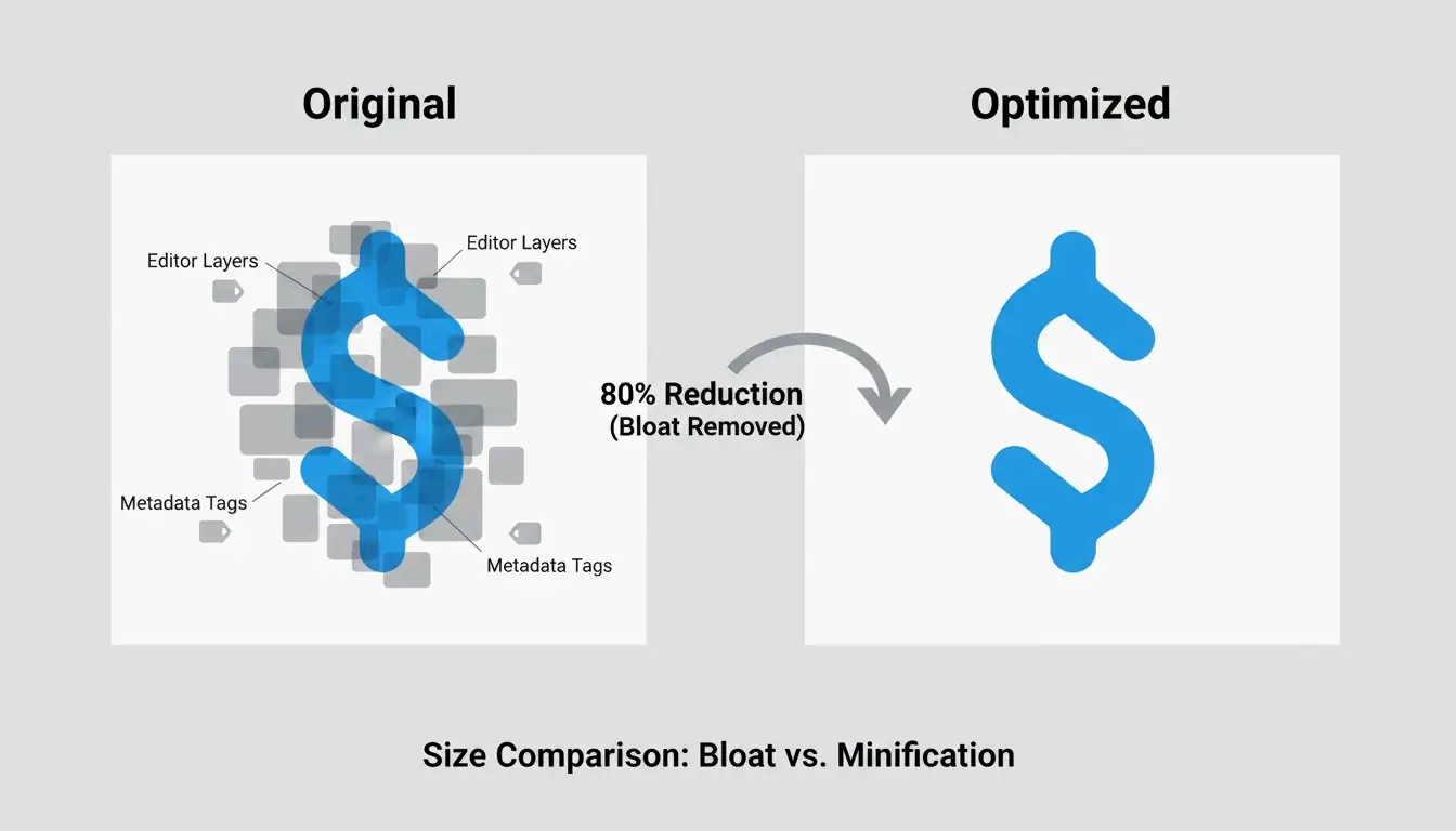 A simple comparison showing a 'Bloated SVG' (many layers/metadata) vs. a 'Clean SVG' (only core paths).