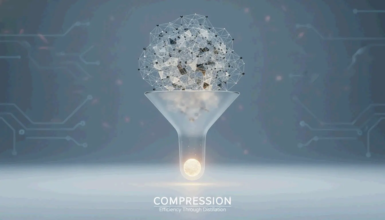 A visual metaphor of data compression: a large file being distilled into a smaller, glowing essence.