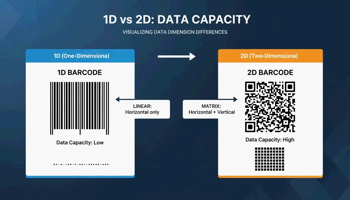 Minimalist comparison between 1D barcodes and 2D barcodes (QR codes): data capacity and dimensions