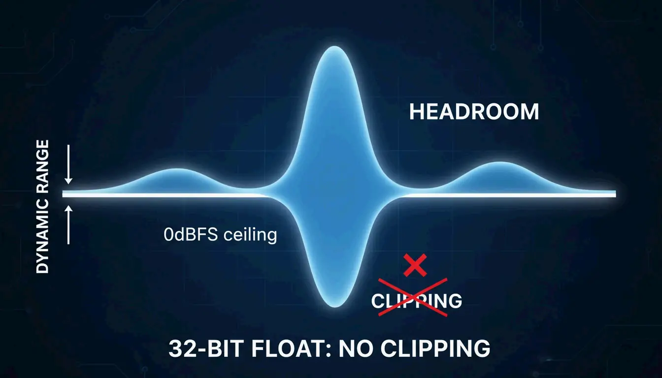 A visual metaphor for 32-bit float headroom, showing a wave that exceeds a boundary but remains intact/retrievable.