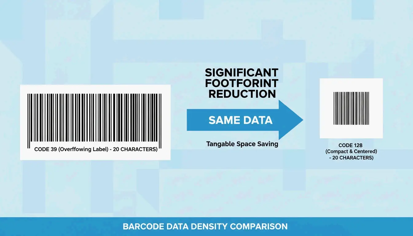A side-by-side scale comparison showing Code 128 is much shorter than Code 39 for the same data