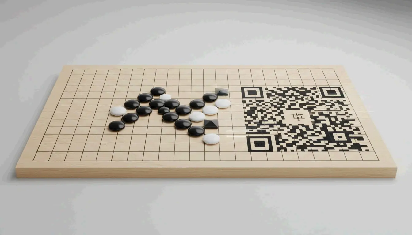 A minimalist visual linking a Go board grid to the structure of a QR code
