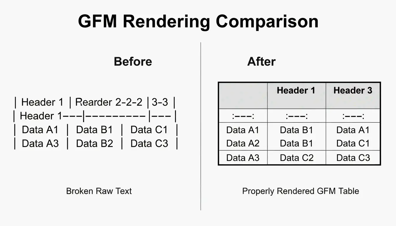 Visual comparison of raw data vs. a rendered GFM table