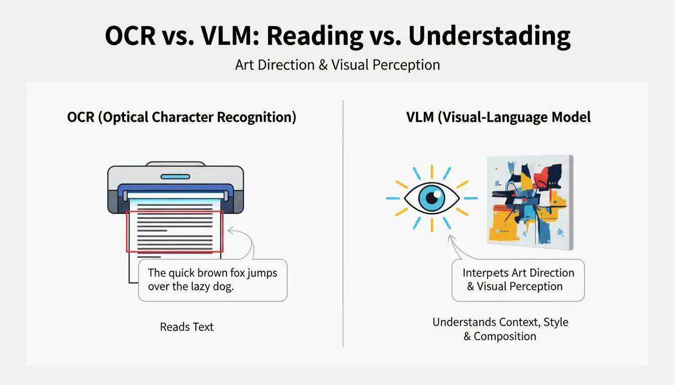 Einfacher Vergleich zwischen OCR (Text-Fokus) und VLM (Kunst-Fokus)