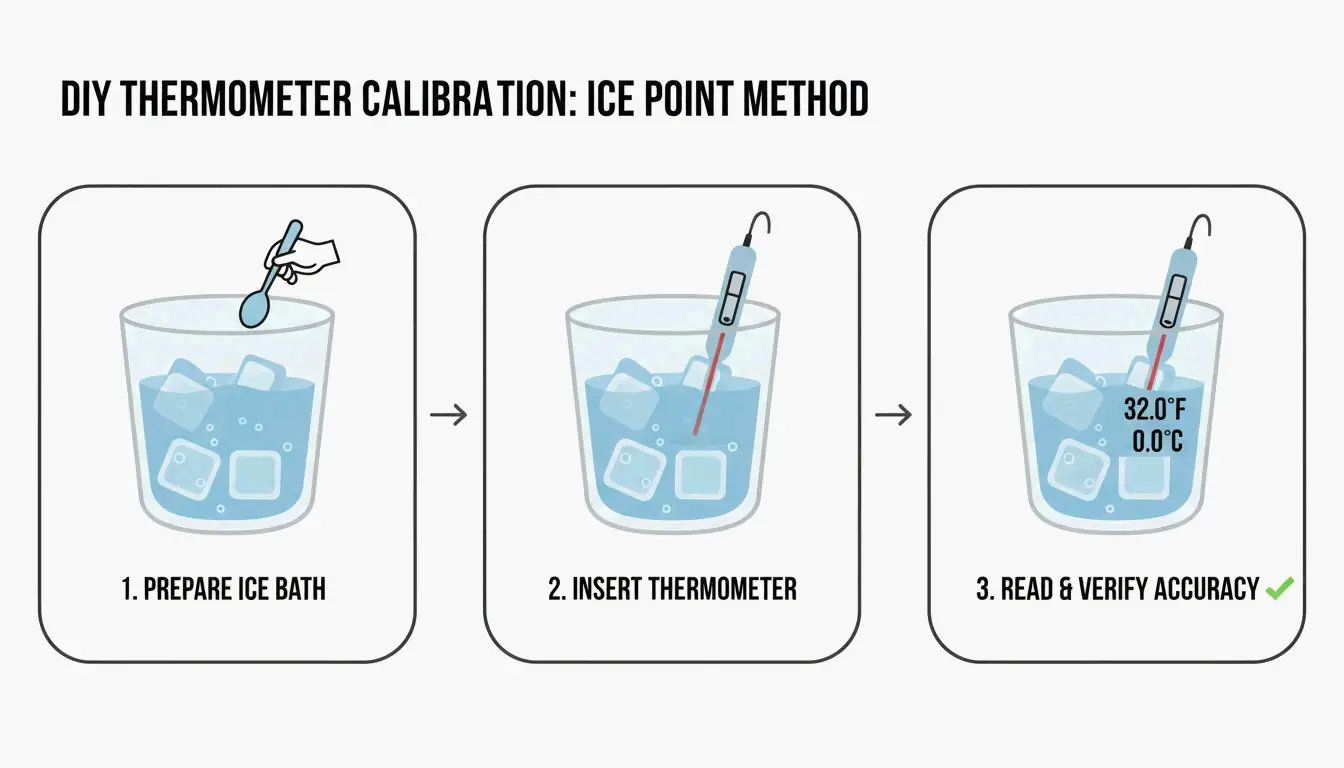 A simple 3-step visual guide to the Ice Point Method: Ice Slurry, Stir, and Probe.