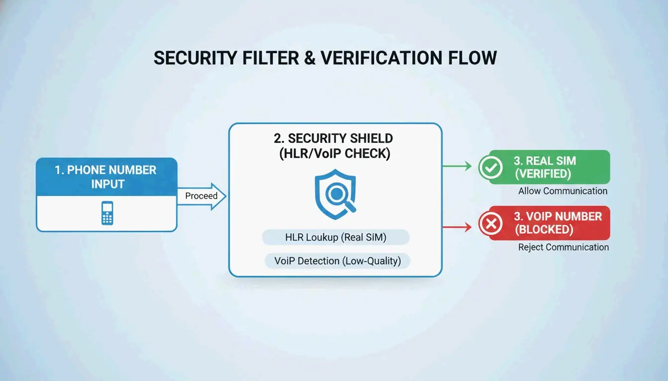A 3-step verification check: Number Input -> HLR/VoIP Check -> Access Granted/Denied.